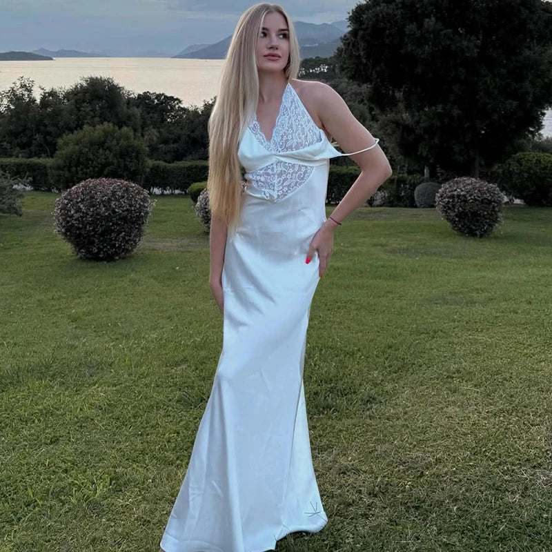 White Lace Backless Maxi Dress | High Waist Sling Evening Gown