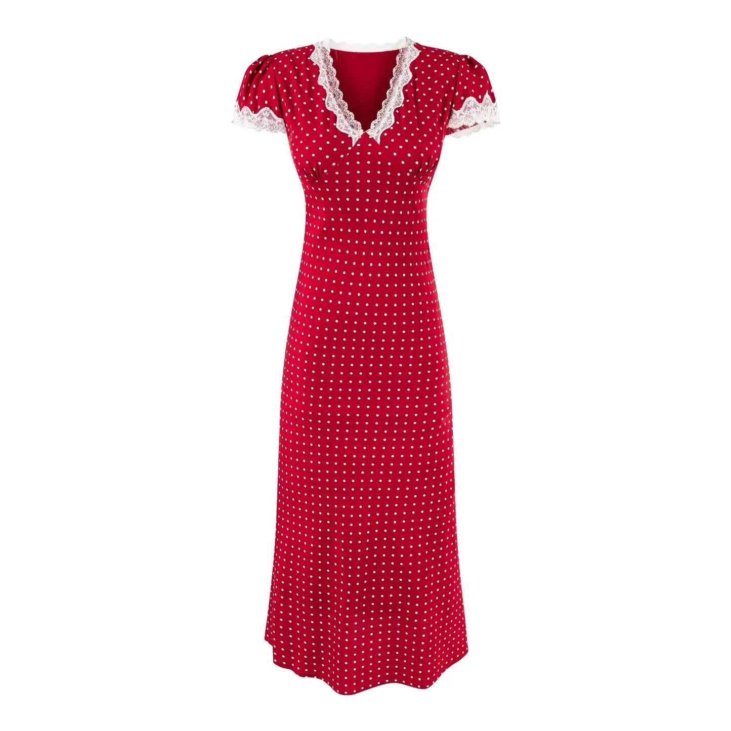 Red Polka Dot Midi Dress - Lace Trim V-Neck Holiday Robe