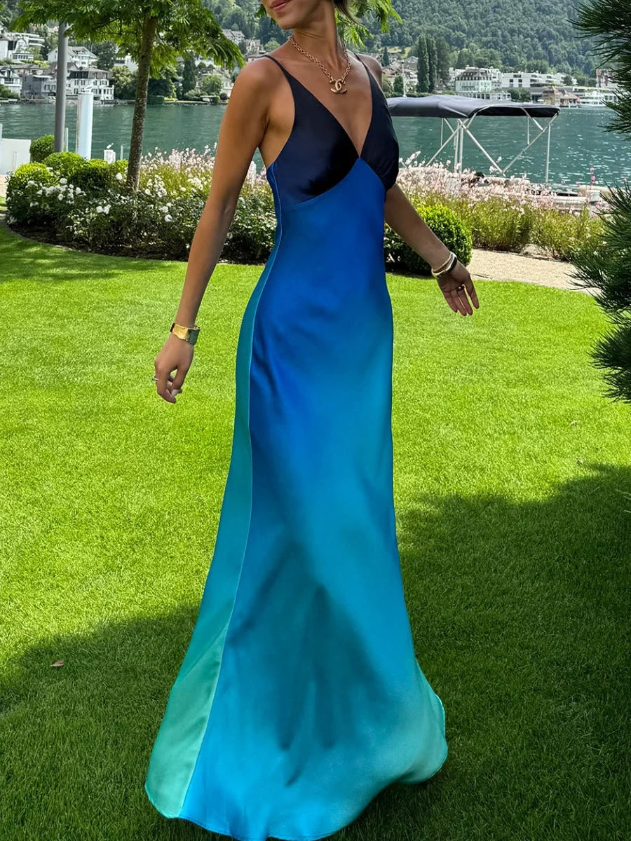 Ombre Satin Sheath Maxi Dress | Spaghetti Strap Party Glow