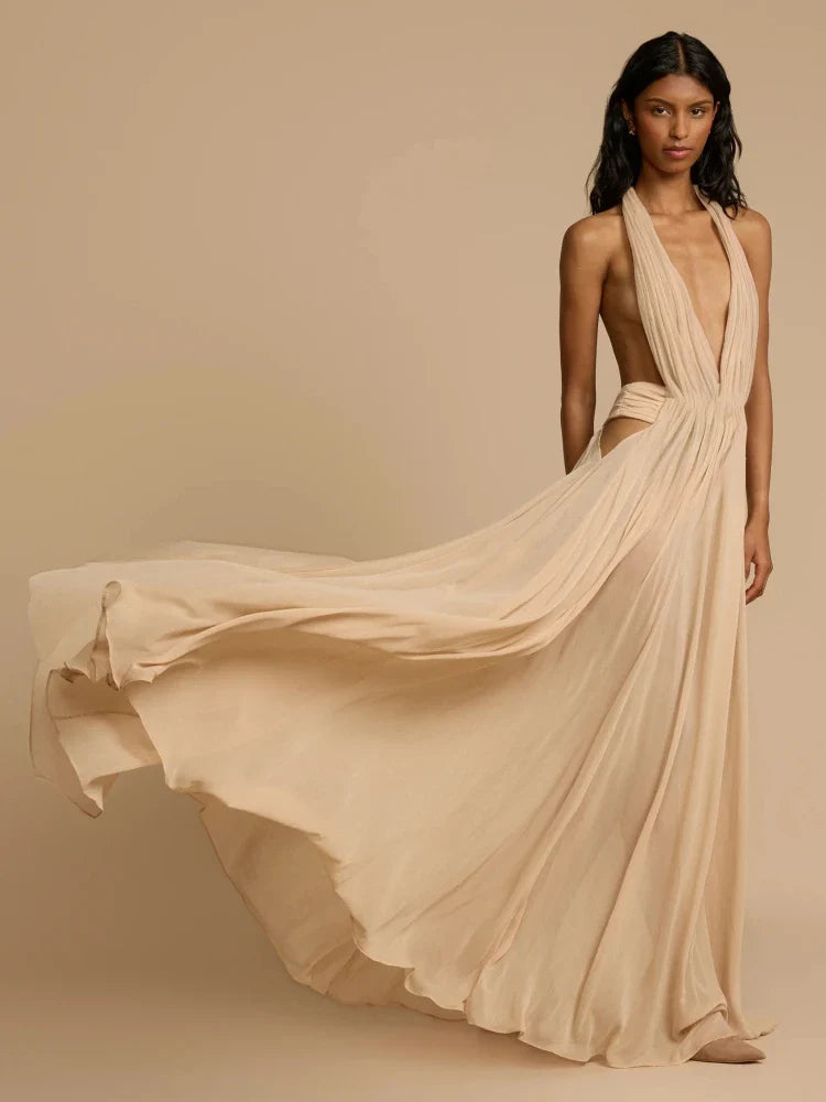 Apricot & Claret Deep V-Neck Backless Pleated Long Dress