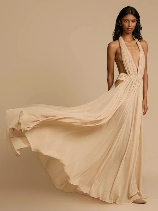 Apricot & Claret Deep V-Neck Backless Pleated Long Dress