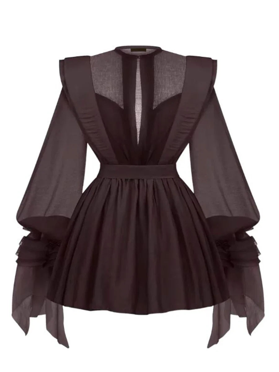 Dark brown dress with sheer sleeves and back on a white background