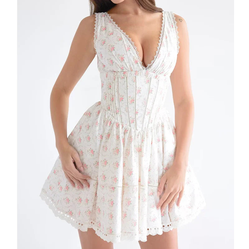 White Floral Print Mini Dress - Backless V-Neck Sundress