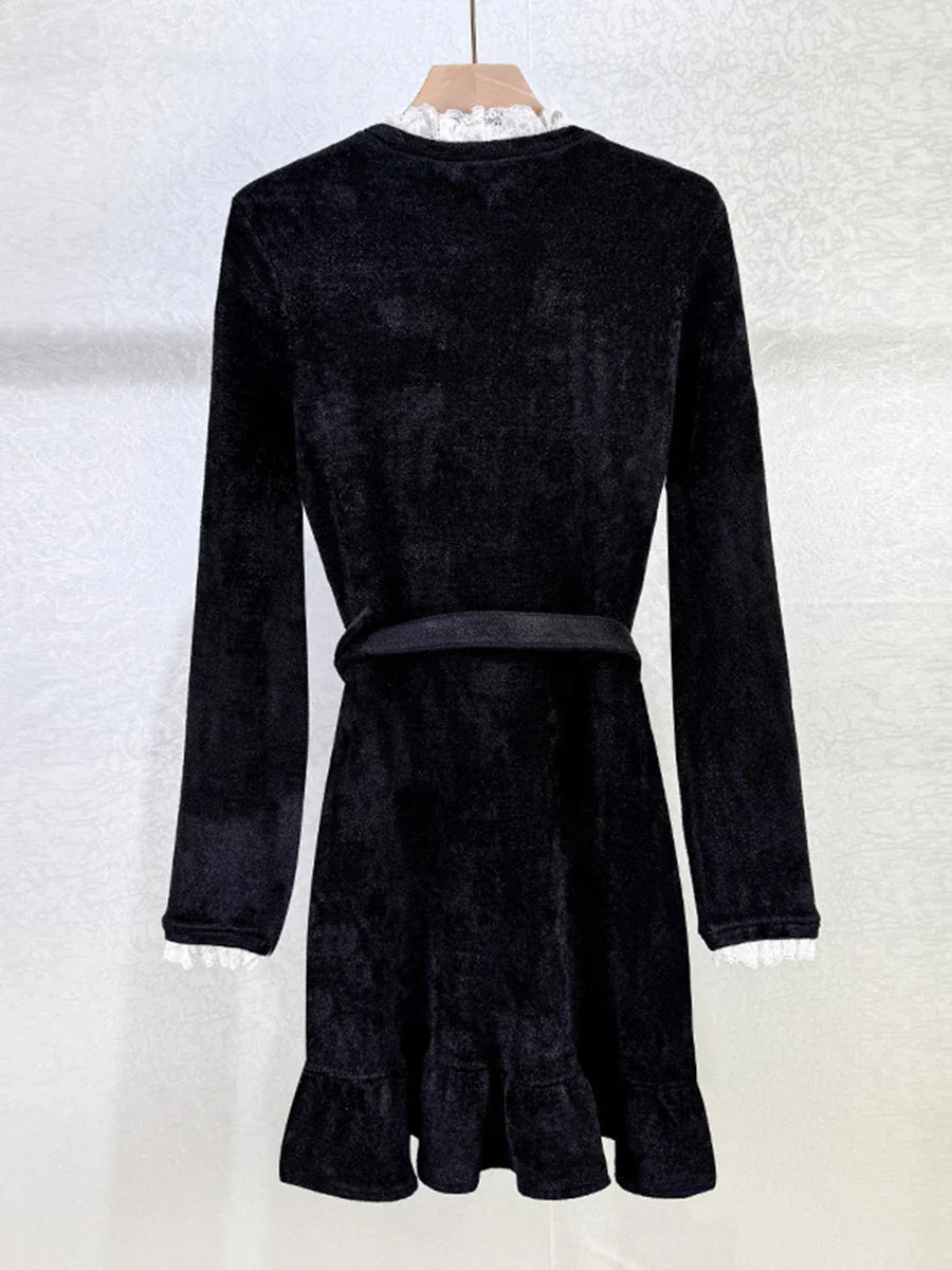 Round Neck Long Sleeve Diamond Button Lace Trim Mini Dress