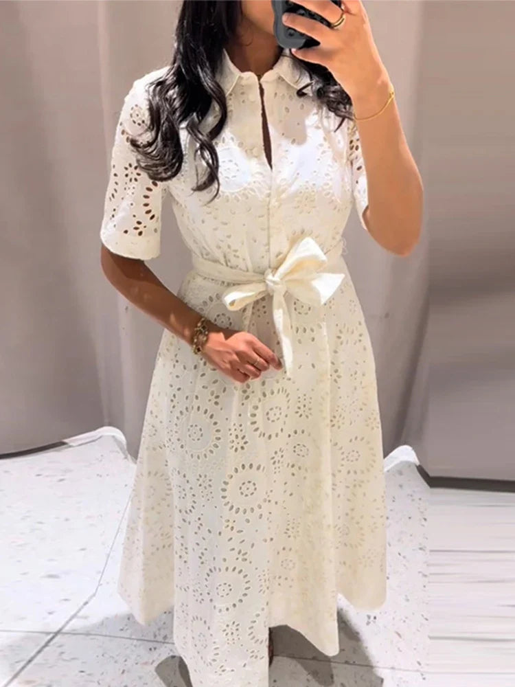 Elegant White Embroidered Belted Maxi Dress