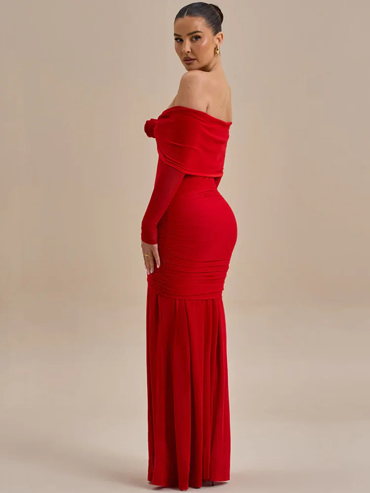 Off-Shoulder Rose Ruched Bodycon Maxi Dress