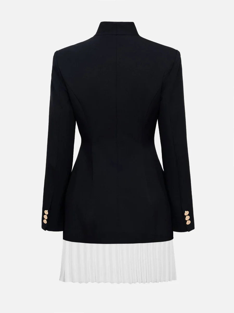 Black Blazer Mini Dress | Pleated Skirt Patchwork & Gold Detail
