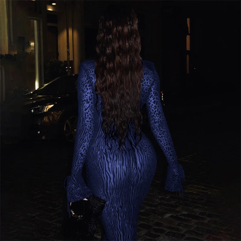 Blue Leopard Mesh Maxi Dress | Deep Cowl Night Out Gown