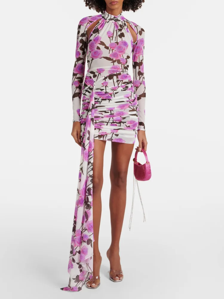 Floral Print Long Sleeve Cut Out Ruched Mini Dress