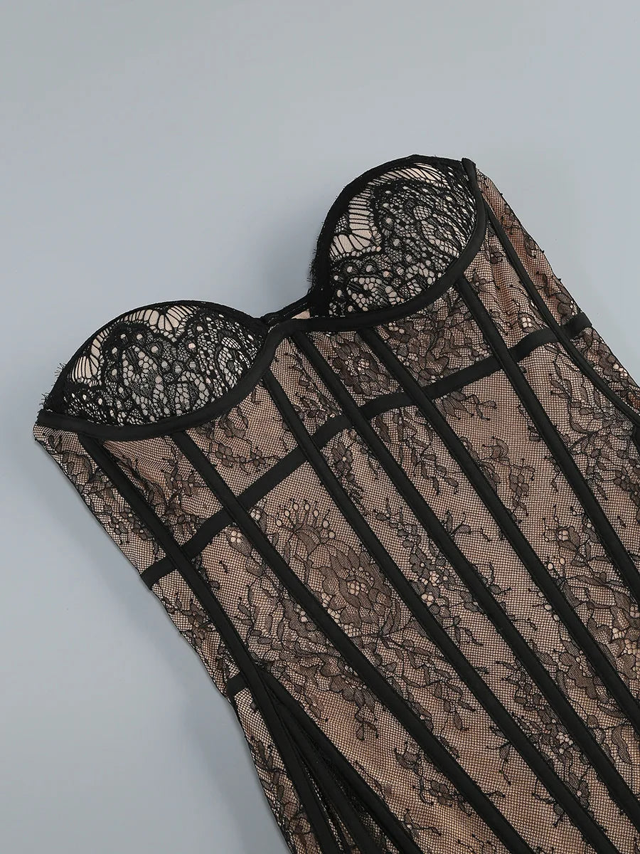 Lace Corset Mesh Maxi Dress with Detachable Hem