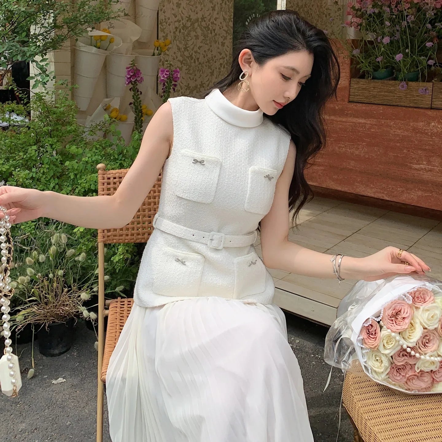 White Bow Pocket Tweed Chiffon Long Dress