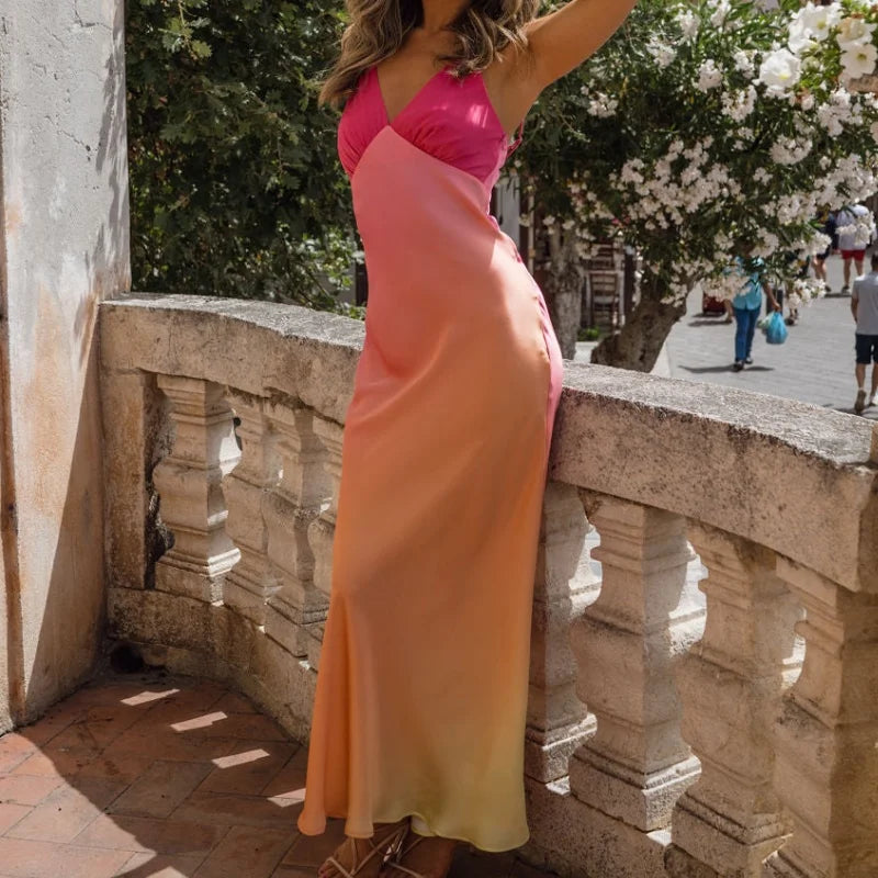 Ombre Satin Sheath Maxi Dress | Spaghetti Strap Party Glow