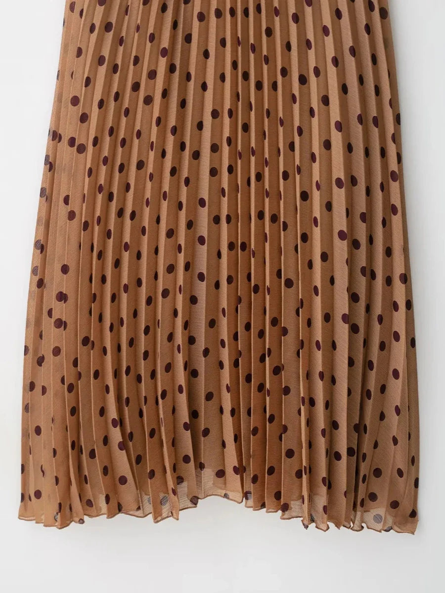 Brown Polka Dot Pleated Halter Dress | Belted Autumn Midi
