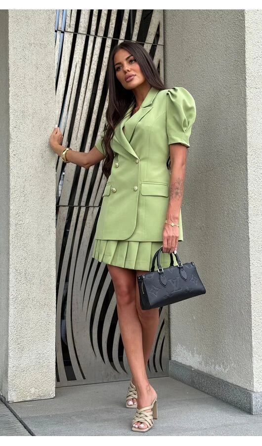 Green Blazer Skirt Set | Pleated Vintage Co-Ord for Smart Styling