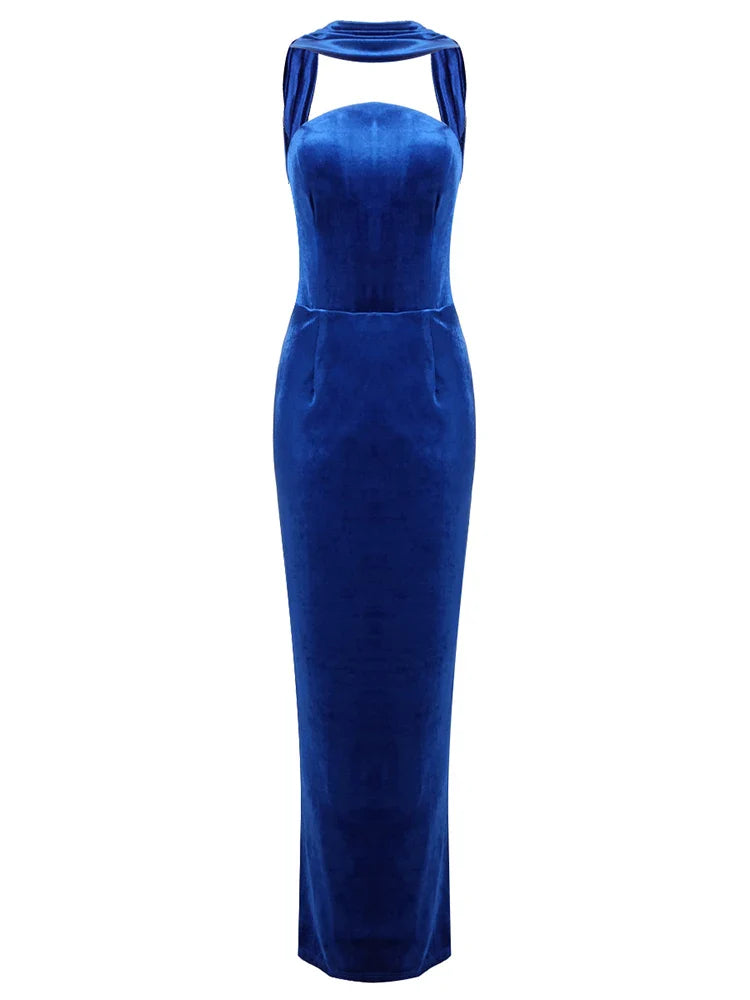 Blue evening gown on a white background