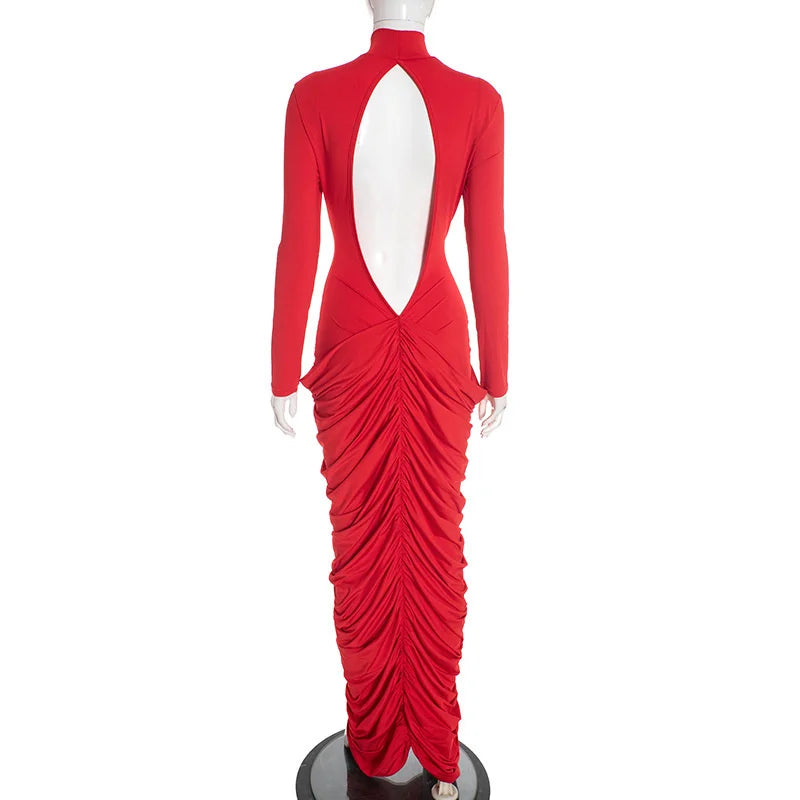 Turtleneck Ruched Long Sleeve Maxi Dress