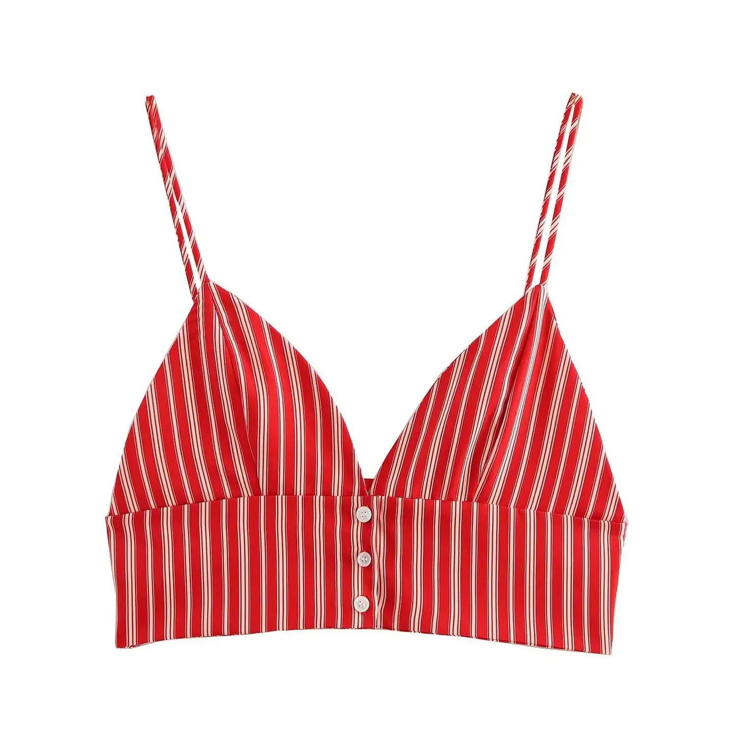Red and white striped bikini top on a white background