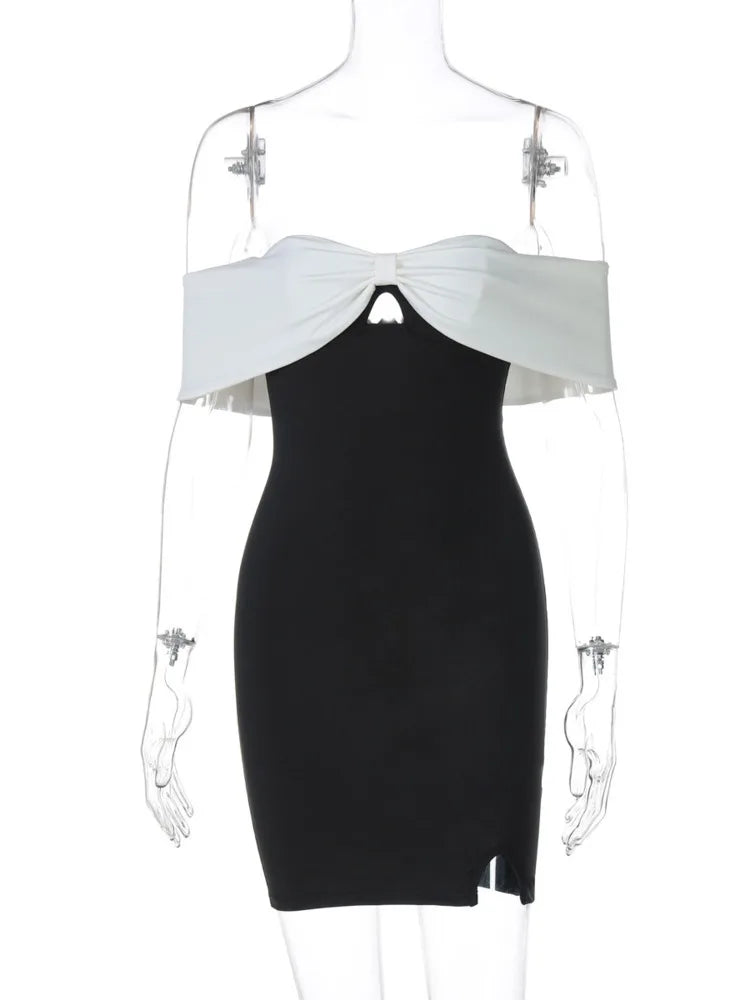 Black & White Off-Shoulder Mini Dress – Elegant Backless Split