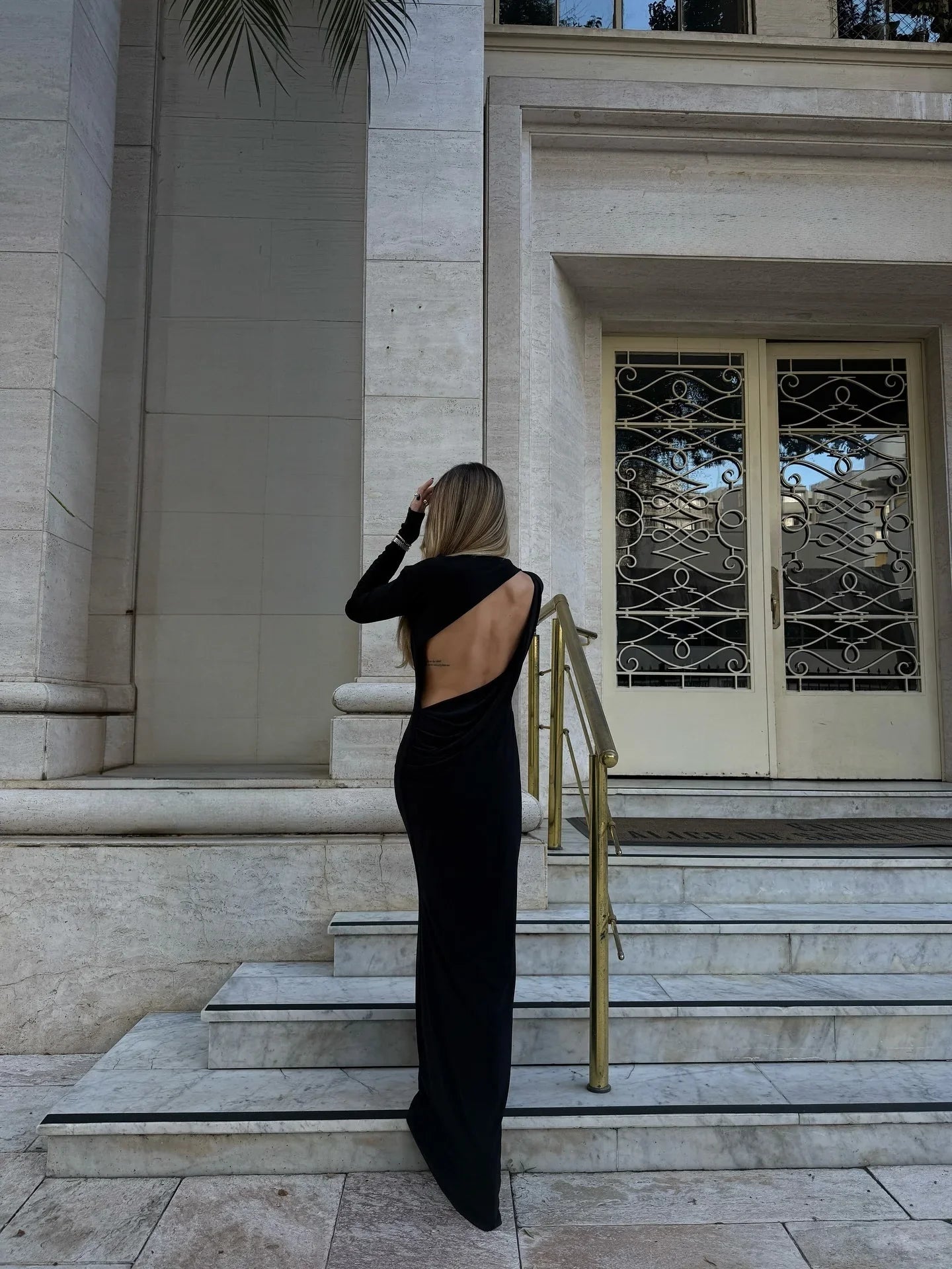 Long-Sleeve Backless Cut-Out Maxi Dress