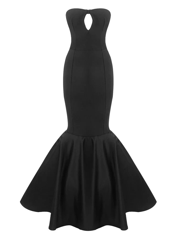 Black strapless dress with a fitted bodice and flared skirt on a white background