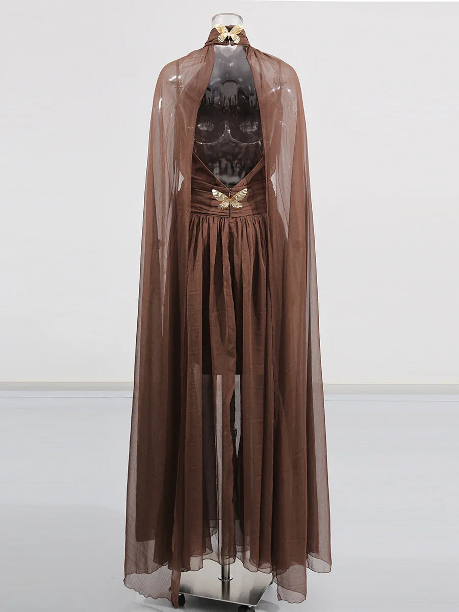 Women's Coffee O-Neck Lace-up A-Line Ankle-Length Dress