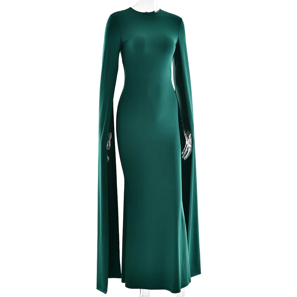 Green Long Sleeve Ribbons Maxi Dress