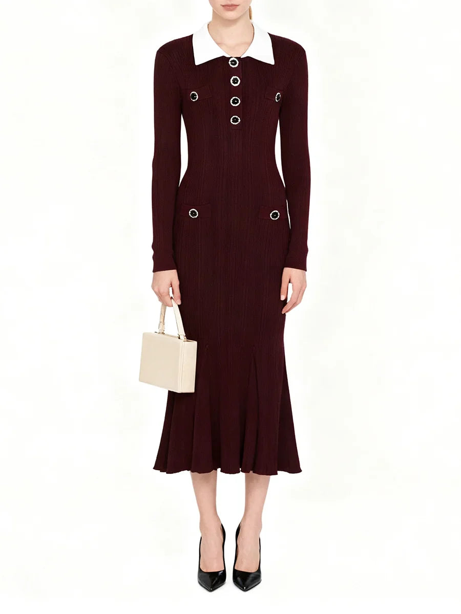 Knit Midi Dress with Contrast Lapel and Rhinestone Buttons