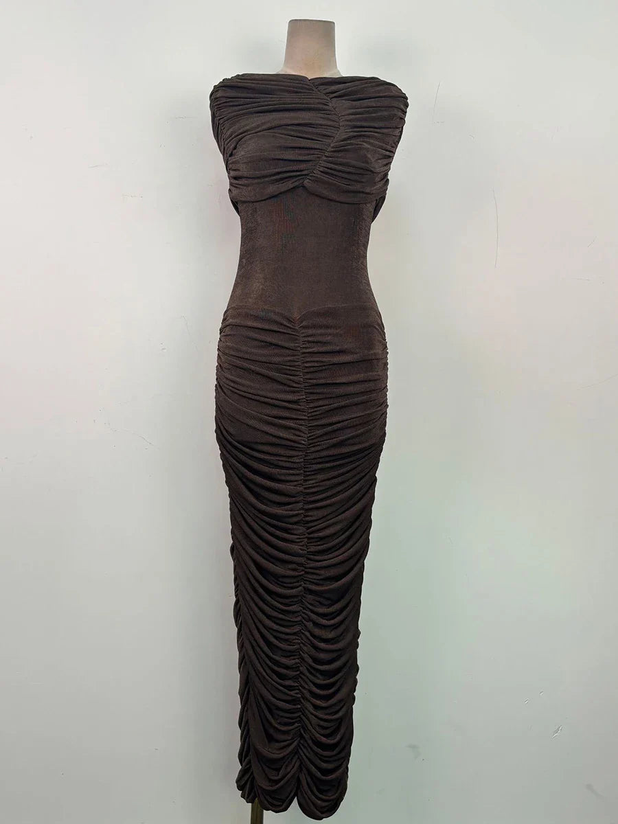 Pleated Cape Long Dress with Sculpted Sheath Silhouette