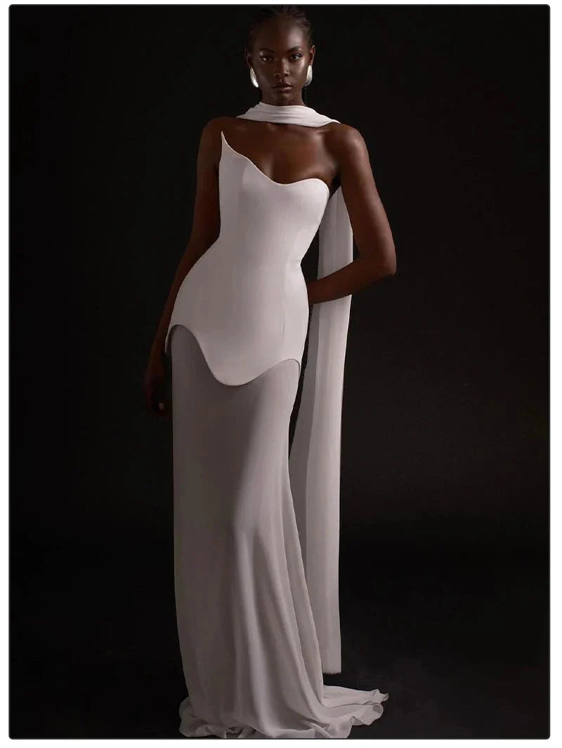Sculpted Asymmetric Strapless Draped Maxi Gown