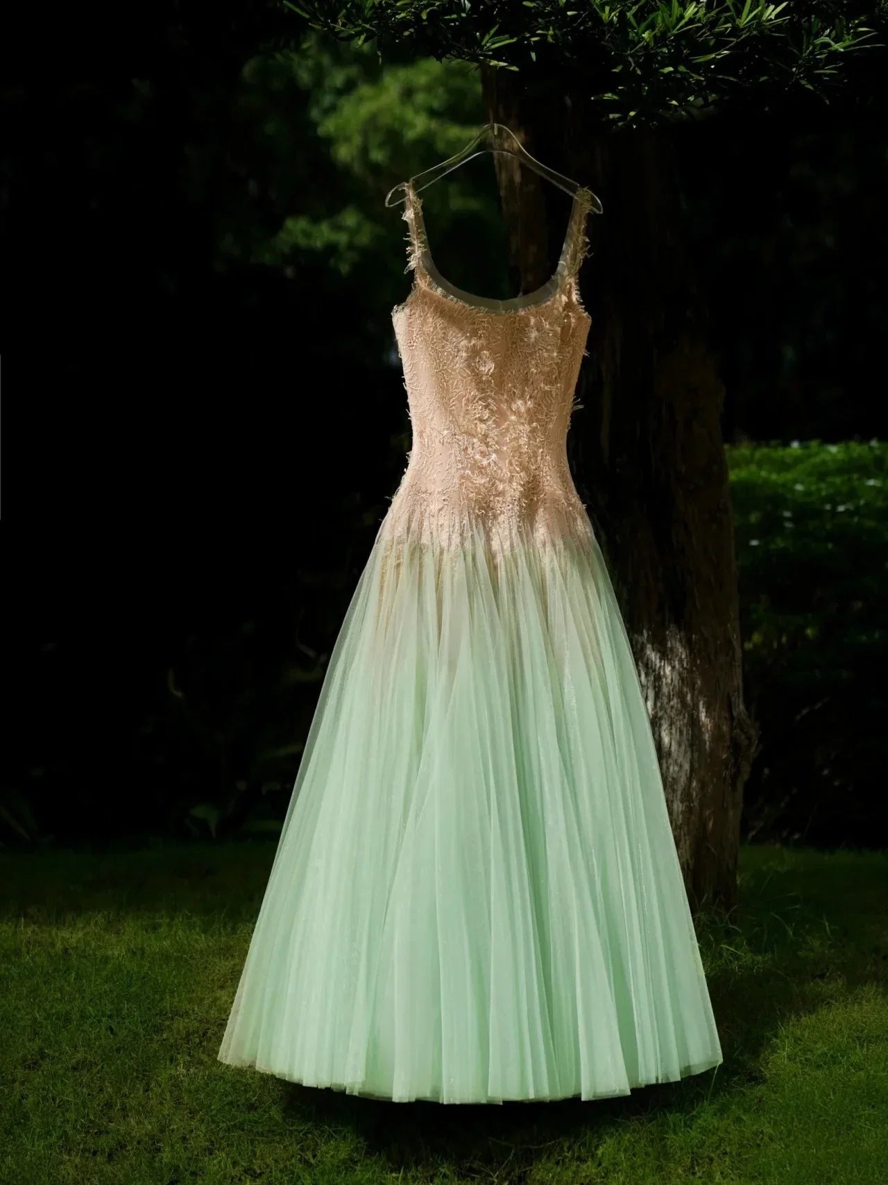 Textured Tulle Green Gradient Flare Maxi Dress