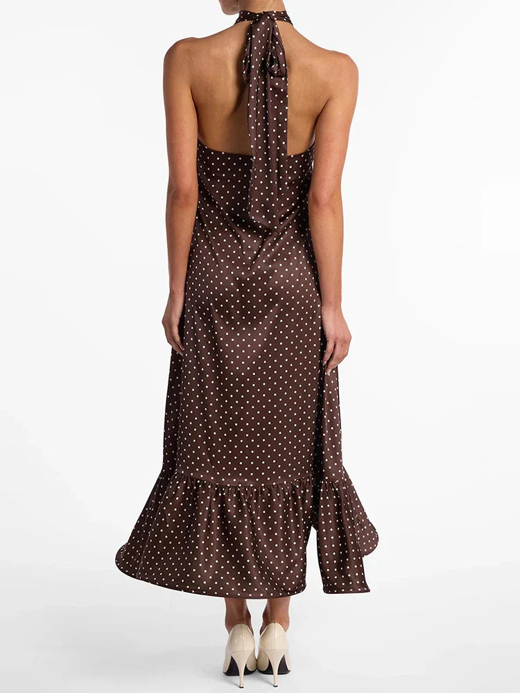 Women's Polka Dot Ruched Ruffle Halter Sleeveless Backless Midi Dress