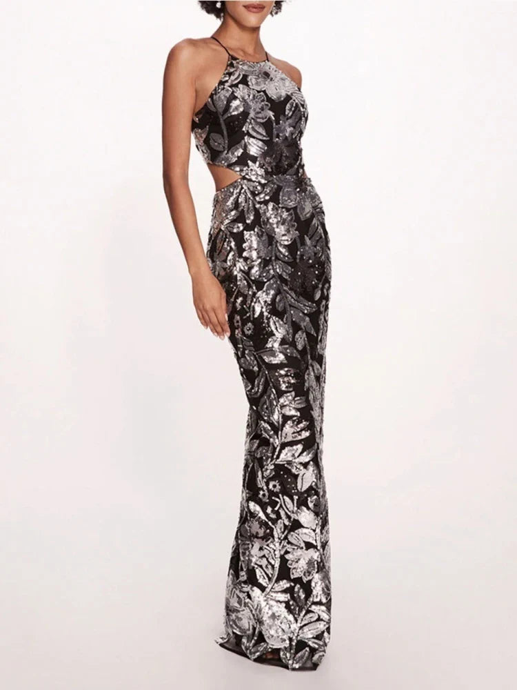 Silver Floral Sequin Halter Gown – Elegant Evening Dress