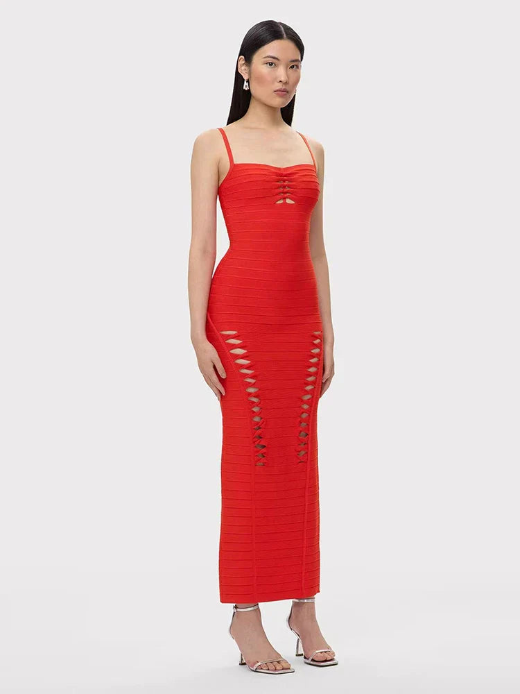 Red Spaghetti Strap Cut Out Bandage Maxi Dress