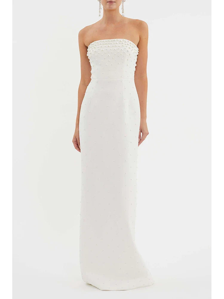 Strapless Pearl Beaded Gown – Elegant Slim-Fit Ankle-Length Dress