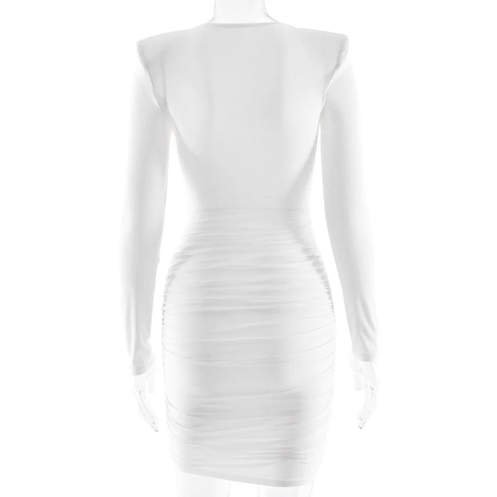 Long Sleeve Deep Neck Draped Ruched Mini Dress