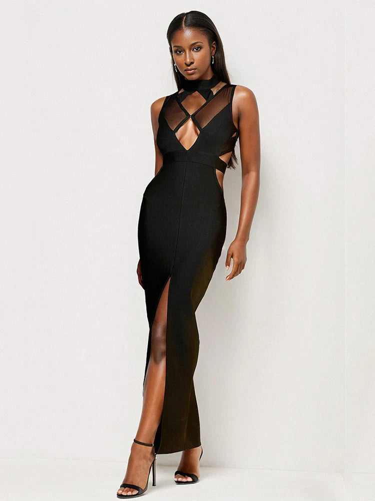 Black Mesh Patchwork Bandage Dress | Sleeveless Bodycon Gown