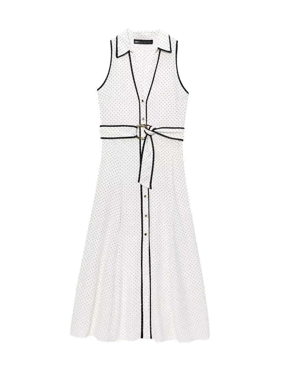 White Polka Dot Belted Maxi Dress | Sleeveless Collared Resort Look