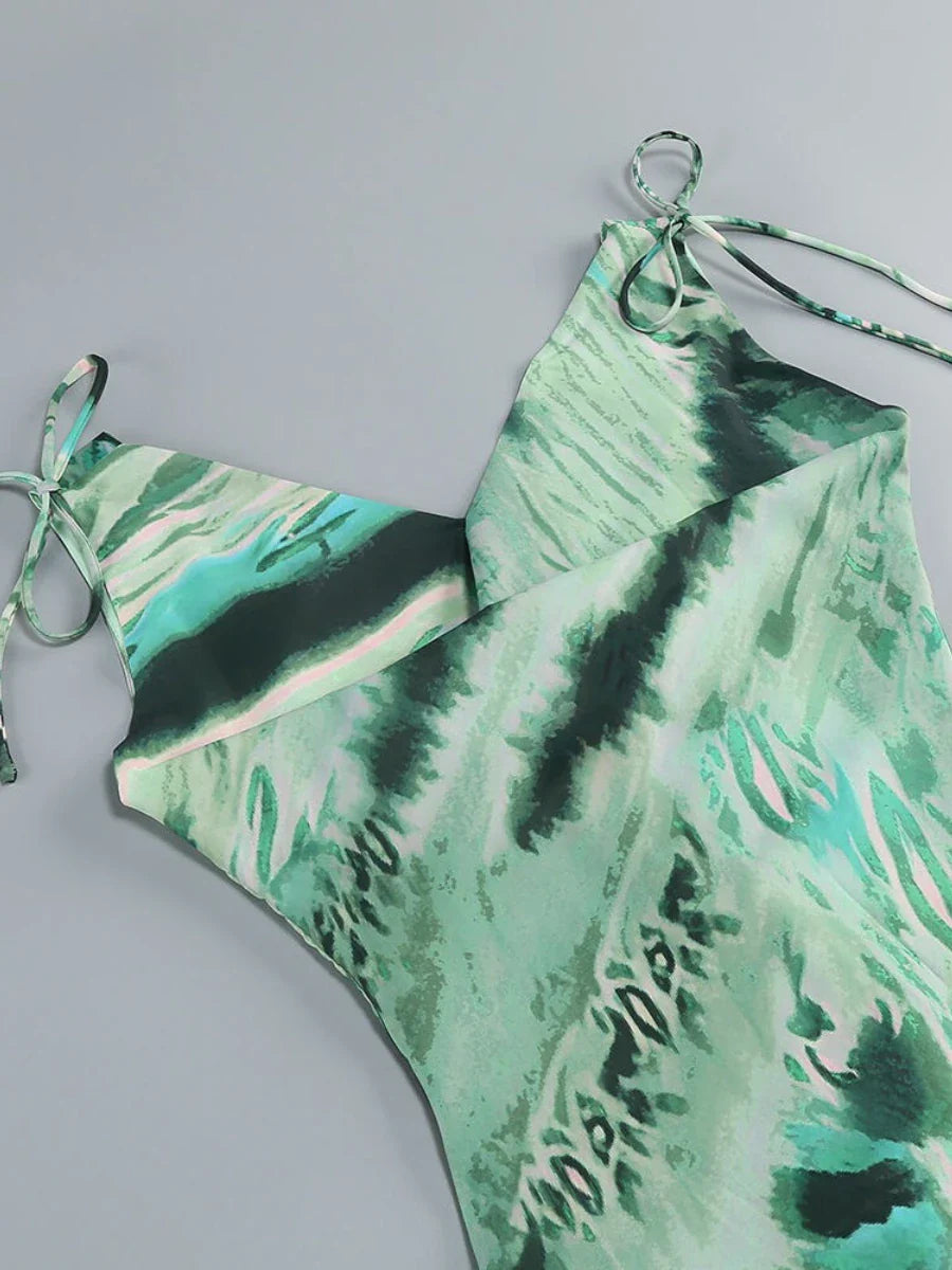 Green Printed Cowl Tie Up Maxi Dress