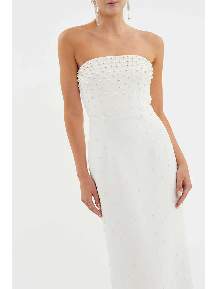 Strapless Pearl Beaded Gown – Elegant Slim-Fit Ankle-Length Dress
