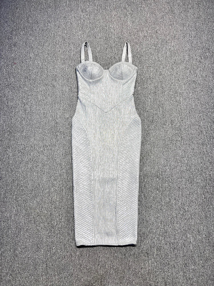 White ribbed dress with thin straps on a gray textured background