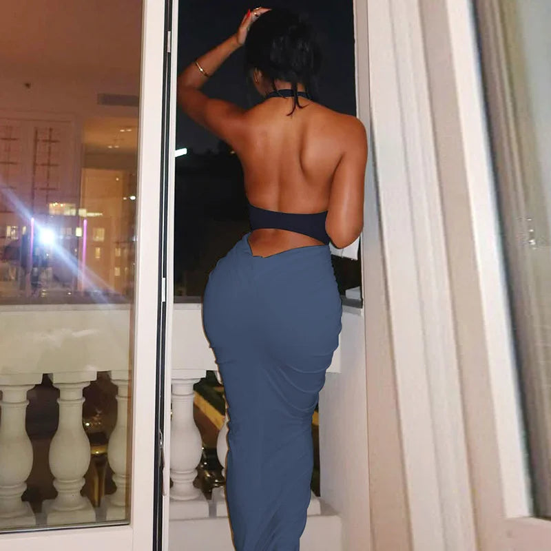 Halter Backless Maxi Dress | Ruched Patchwork Sheath Gown