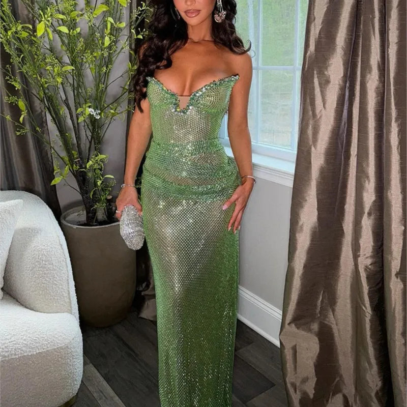 Sequin Green Strapless Mermaid Gown with Sculpted Waist