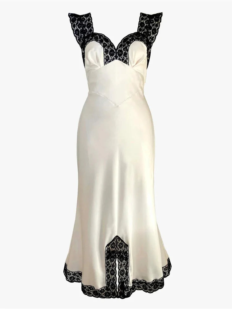 Patchwork Satin Lace Maxi Dress – Elegant V-Neck Evening Gown