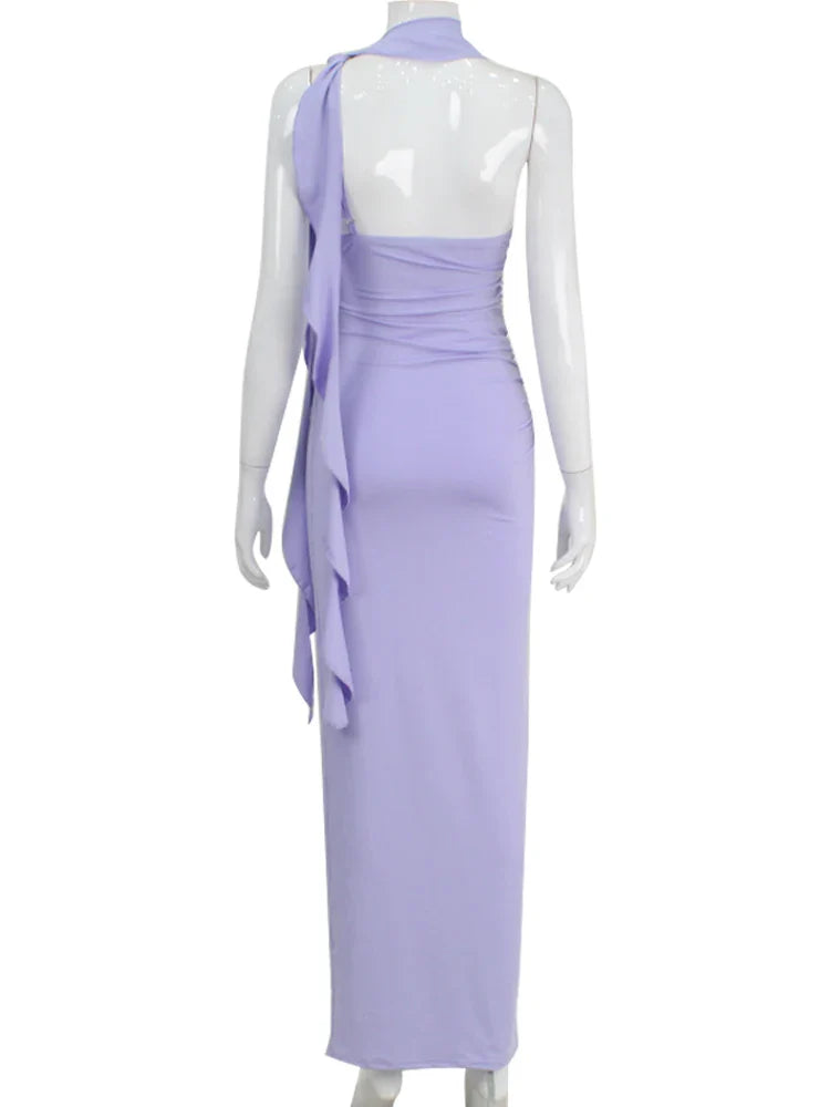 Purple Ruffle Ribbon One-Shoulder Maxi Dress