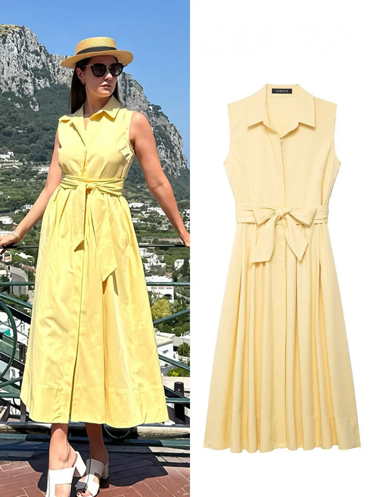 Button Up Collar Pockets Sleeveless Maxi Dress