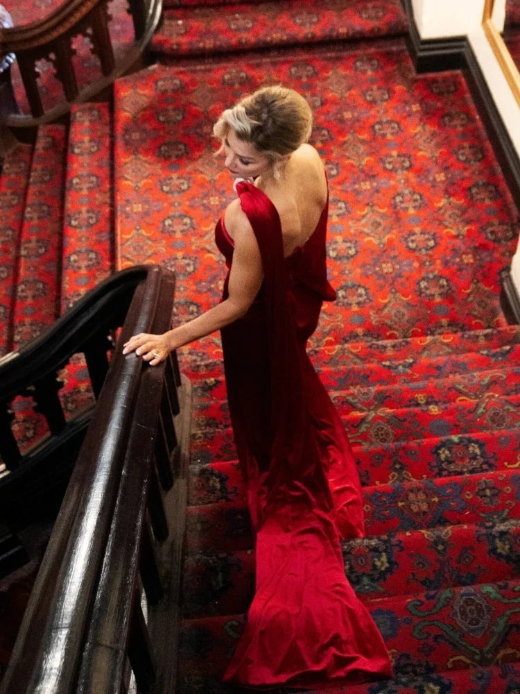 Red Velvet One-Shoulder Draped Gown with High Split