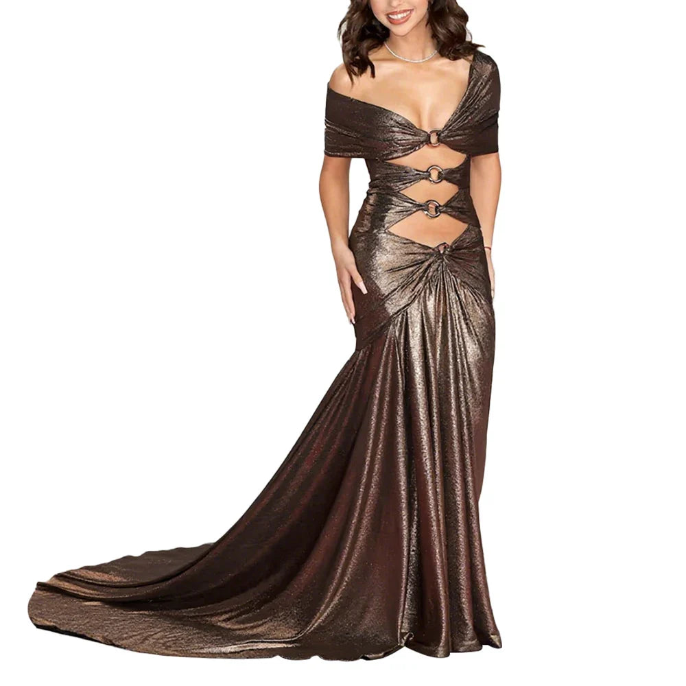Bronze evening gown with cut-out design