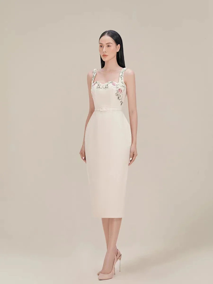 Beige Floral Embroidery Belted Sleeveless Midi Dress