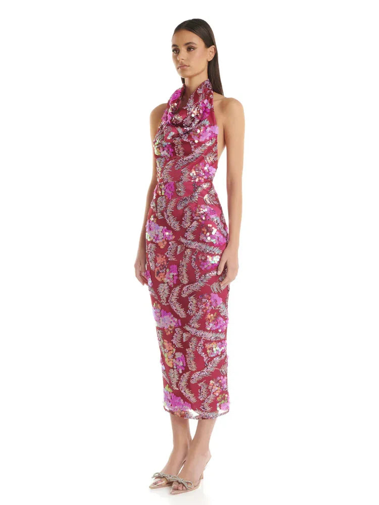 Pink Halter Sequin Midi Dress with Draped Neck Detail