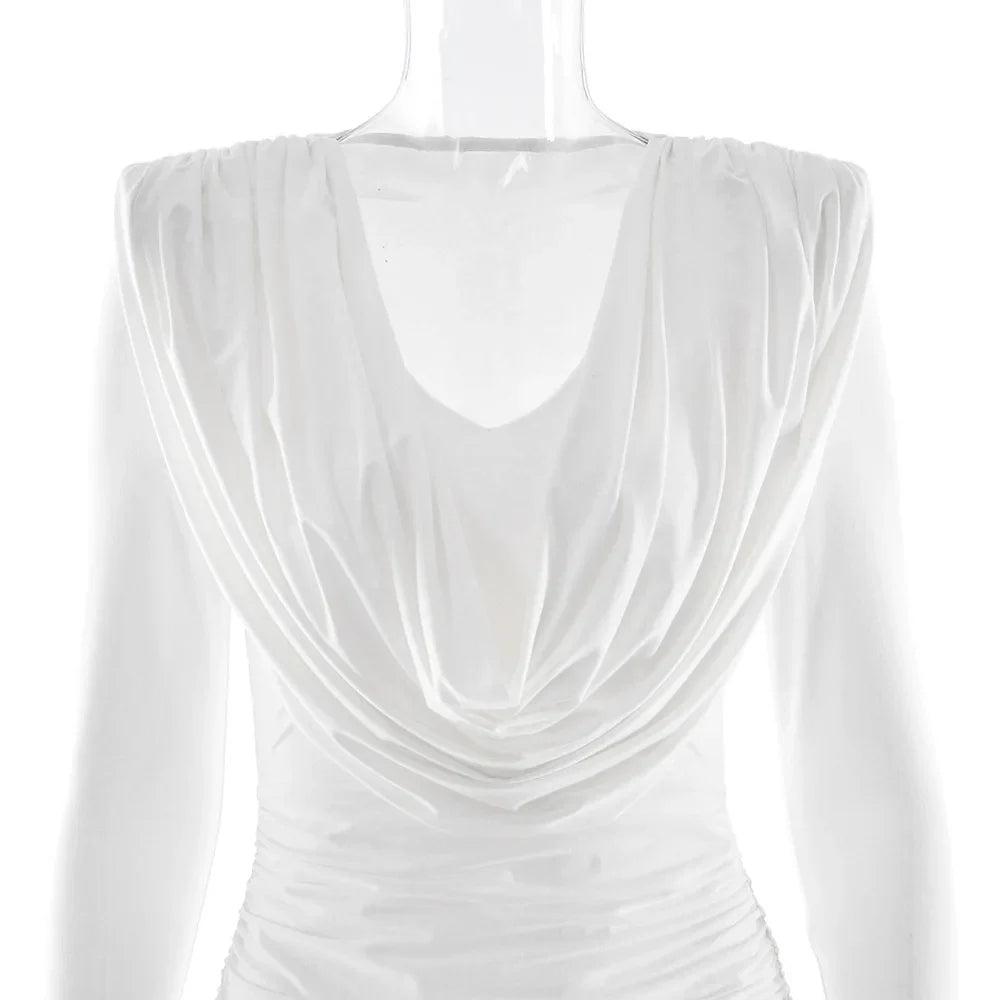 Long Sleeve Deep Neck Draped Ruched Mini Dress